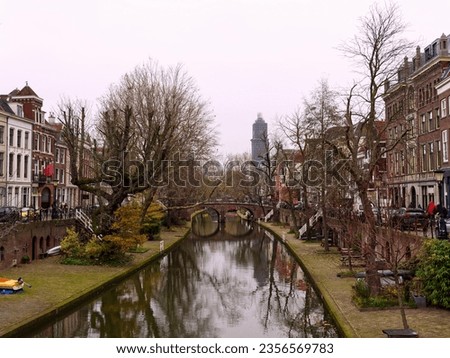 Utrecht cityscape and canals in cloudy day, Netherlands