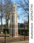 Utrecht, the Netherlands. 27 January 2024. Replica of the Dom Tower Utrecht. Cathedral tower is five meters high, the original Dom Tower is 112 meters high.