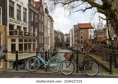 Utrecht, The Netherlands, February 6, 2022;  Canal houses in the cozy center of the historic city of Utrecht.