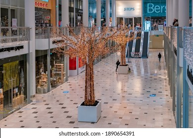 Utrecht, The Netherlands January 2021 - Empty Shopping Mall During The Lockdown In The Netherlands Hoog Catherijne Shopping Mall In The Center Of Town During The Covid Pandemic With Social Distance