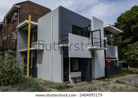 Utrecht, the Netherlands - July 30, 2022: Rietveld Schroder House (1925): historic and iconic home architecture, designed by Gerrit Rietveld part of Dutch De Stijl art movement. 
