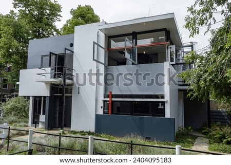 Utrecht, the Netherlands - July 30, 2022: Rietveld Schroder House (1925): historic and iconic home architecture, designed by Gerrit Rietveld part of Dutch De Stijl art movement. 