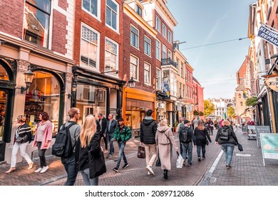 Utrecht, NL - OCT 9, 2021: Street view and traditional Dutch buildings around Nuede Square in Utrecht city - capital and most populous city of the province of Utrecht, NL.