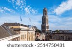 Utrecht town аerial drone view from above, typical Dutch city skyline, Utrecht cityscape with tower, canals and houses, Holland, Netherlands