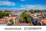 Utrecht town аerial drone view from above, typical Dutch city skyline, Utrecht cityscape with tower, canals and houses, Holland, Netherlands