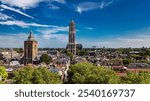 Utrecht town аerial drone view from above, typical Dutch city skyline, Utrecht cityscape with tower, canals and houses, Holland, Netherlands