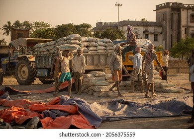 Uttar Pradesh, India- Feb 18 2021: Indian Labour Loading Cement Bag On Tractor Trolley.