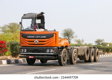 Uttar Pradesh, India - February 26, 2022: Brand new customisable modular truck chassic Ashok Leyland AVTR at an intercity road.
