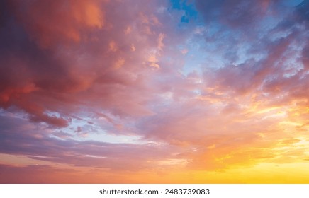 Utterly spectacular sunset with colorful clouds lit by the sun. Scenic image of textured sky. Perfect photo wallpaper. Bright epic sky. Dramatic evening light and fiery orange sunset. Beauty of earth.