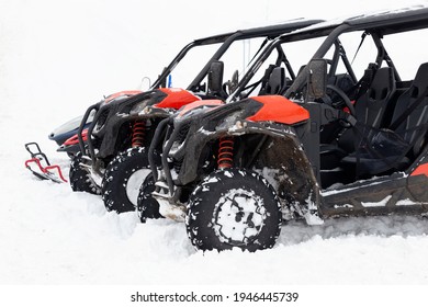 UTV Buggy Parked In Snow And Ready For Adventure Ride.