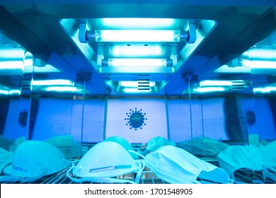 UV light sterilization of face mask to disinfect and reuse. COVID-19 prevention concept. Close up at the lamp. - Shutterstock ID 1701548905