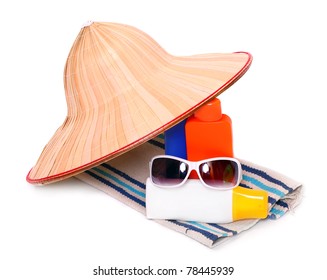 UV Protection Equipment For Happy Holidays. Sunglasses, Hat And Sun Lotion.