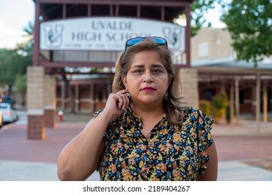 Uvalde, TexasUSA - Aug. 10, 2022: Tina Quintanilla, Themom Who Was Handcuffed Outside Of Robb Elementary During The Shooting On May 24, Stands Outside Of Uvalde Highschool After School Board Meeting