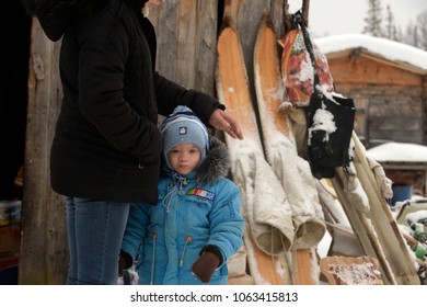 Uvatsky District, Tyumen Region, Russia, 03.20.2016. Remote Settlements Of Indigenous Small Northern Peoples Are Khanty. Delivery Of Goods By Helicopter