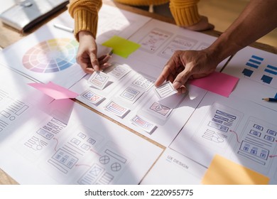 A UX design team is a confluence of user research, UX, UI design with layout paper on desk. - Powered by Shutterstock