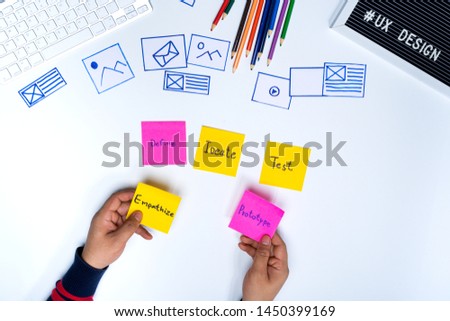 Ux designer hands holding Empathize and Prototype words on sticky notes. User Experience Design Process concept.