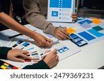 UX developer and ui designer brainstorming about mobile app interface wireframe design with customer breif and color code, User experience concept.	