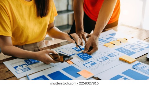  UX developer and ui designer brainstorming about mobile app interface wireframe design with customer breif and color code at office. - Shutterstock ID 2258027815
