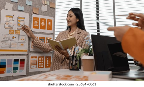 ux developer and ui designer brainstorming about mobile app interface wireframe design in the office, website designer, creative planning phone app development template