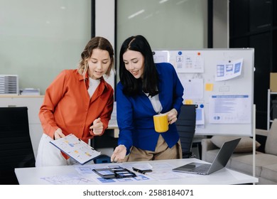 UX developer and ui designer brainstorming about mobile app interface wireframe design with customer breif and color code, User experience concept.	