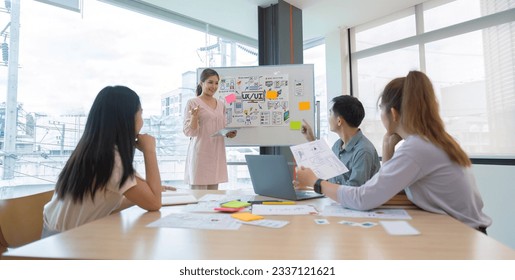 ux developer and ui designer presenting and testing mobile app interface design on whiteboard in meeting at modern office. Creative digital development mobile app agency