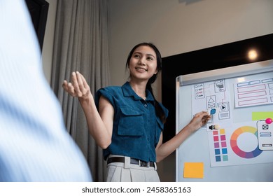 ux developer and ui designer presenting and testing mobile app interface design on whiteboard in meeting at modern office. Creative digital development mobile app