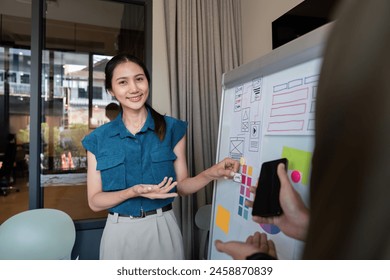 ux developer and ui designer presenting and testing mobile app interface design on whiteboard in meeting at modern office. Creative digital development mobile app