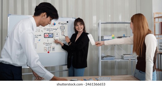 ux developer and ui designer presenting mobile app interface design on whiteboard in meeting at office. Creative digital development mobile app agency. digital transformation - Powered by Shutterstock