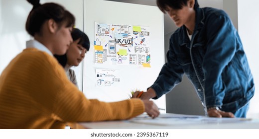 Ux developer and ui designer use augmented reality brainstorming about mobile app interface wireframe design on desk at modern office. creative digital development agency - Shutterstock ID 2395367119