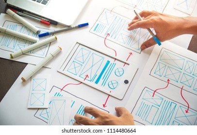 ux Graphic designer creative  sketch planning application process development prototype wireframe for web mobile phone . User experience concept. - Shutterstock ID 1114480664