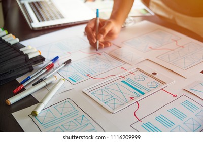 ux Graphic designer creative  sketch planning application process development prototype wireframe for web mobile phone . User experience concept. - Shutterstock ID 1116209999