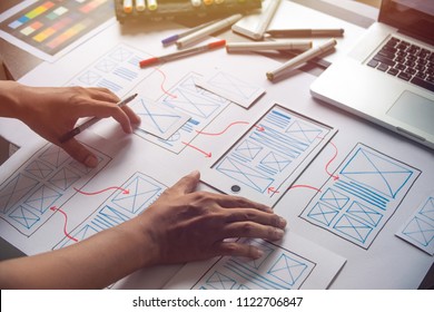 ux Graphic designer creative  sketch planning application process development prototype wireframe for web mobile phone . User experience concept. - Shutterstock ID 1122706847