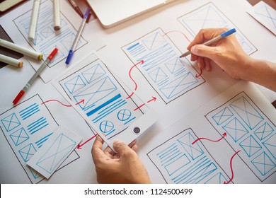 ux Graphic designer creative  sketch planning application process development prototype wireframe for web mobile phone . User experience concept. - Shutterstock ID 1124500499