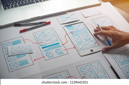 Ux Graphic Designer Creative  Sketch Planning Application Process Development Prototype Wireframe For Web Mobile Phone . User Experience Concept.