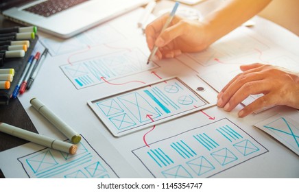 ux Graphic designer creative  sketch planning application process development prototype wireframe for web mobile phone . User experience concept. - Shutterstock ID 1145354747