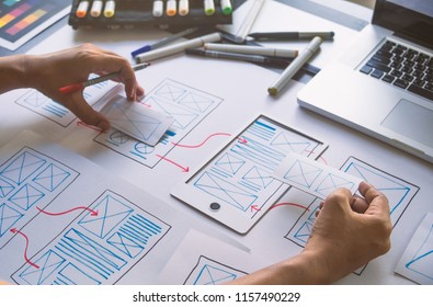 Ux Graphic Designer Creative  Sketch Planning Application Process Development Prototype Wireframe For Web Mobile Phone . User Experience Concept.