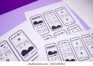 UX mobile application wireframe. Sketch, prototype, framework, layout future app design project. UI, UX - user interface and user experience designer. Creative concept for smartphone. App development 