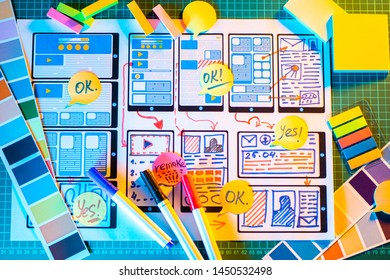 UX UI design. Designer develops a web application scheme. Rendering a draft application for a smartphone. The design scheme of mobile applications for the framework. Wireframing.