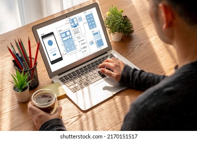 UX UI design process for modish mobile application and website . Creative prototype of wireframe for professional app developer . - Shutterstock ID 2170151517