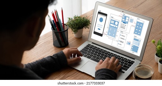 UX UI design process for modish mobile application and website . Creative prototype of wireframe for professional app developer . - Shutterstock ID 2177333037