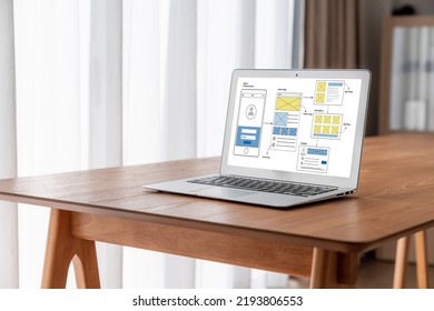 UX UI design process for modish mobile application and website . Creative prototype of wireframe for professional app developer . - Shutterstock ID 2193806553