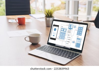 UX UI design process for modish mobile application and website . Creative prototype of wireframe for professional app developer . - Shutterstock ID 2253839963