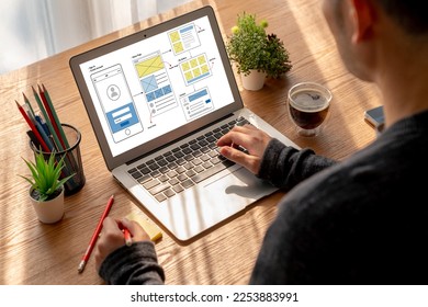 UX UI design process for modish mobile application and website . Creative prototype of wireframe for professional app developer . - Shutterstock ID 2253883991