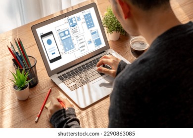 UX UI design process for modish mobile application and website . Creative prototype of wireframe for professional app developer . - Shutterstock ID 2290863085