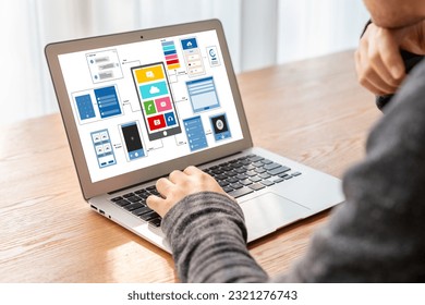 UX UI design process for modish mobile application and website . Creative prototype of wireframe for professional app developer . - Shutterstock ID 2321276743