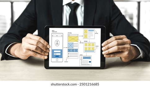 UX UI design process for modish mobile application and website . Creative prototype of wireframe for professional app developer .