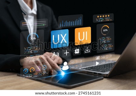 UX UI Design and Website Development Concept, Woman Creating User Interface Layout for Online Application, User Experience Planning, Creative Design Process, Data Visualization for Modern Digital Apps