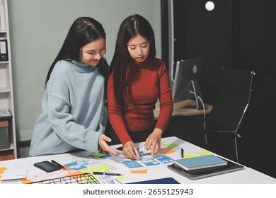 UX UI designer testing prototype on a phone, discussing and brainstorming on wireframes for a website and mobile app prototype, in the concept of website and mobile application design concept.