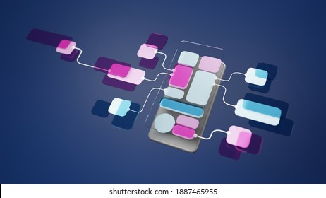 UX UI flowchart connection node graphic designer creative planning application process development data prototype wireframe for web mobile icon phone . User experience concept. 3d rendering. - Shutterstock ID 1887465955