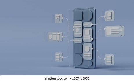UX UI flowchart connection node graphic designer creative planning application process development data prototype wireframe for web mobile icon phone . User experience concept. 3d rendering. - Shutterstock ID 1887465958